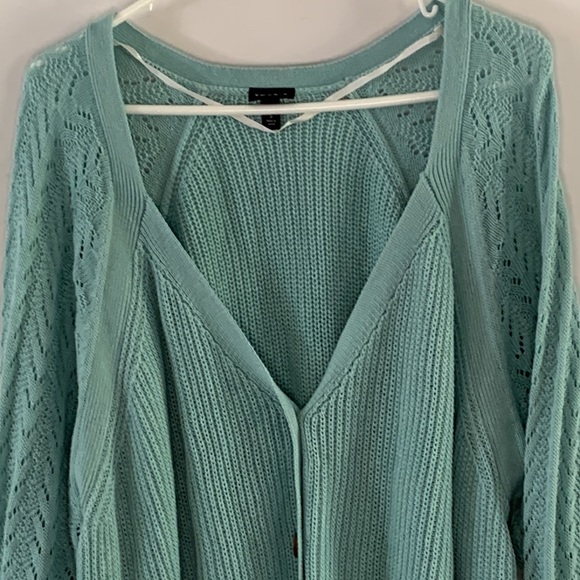 Torrid Size 5 aqua v-neck ribbed cardigan with lacy knit sleeves - Picture 2 of 8